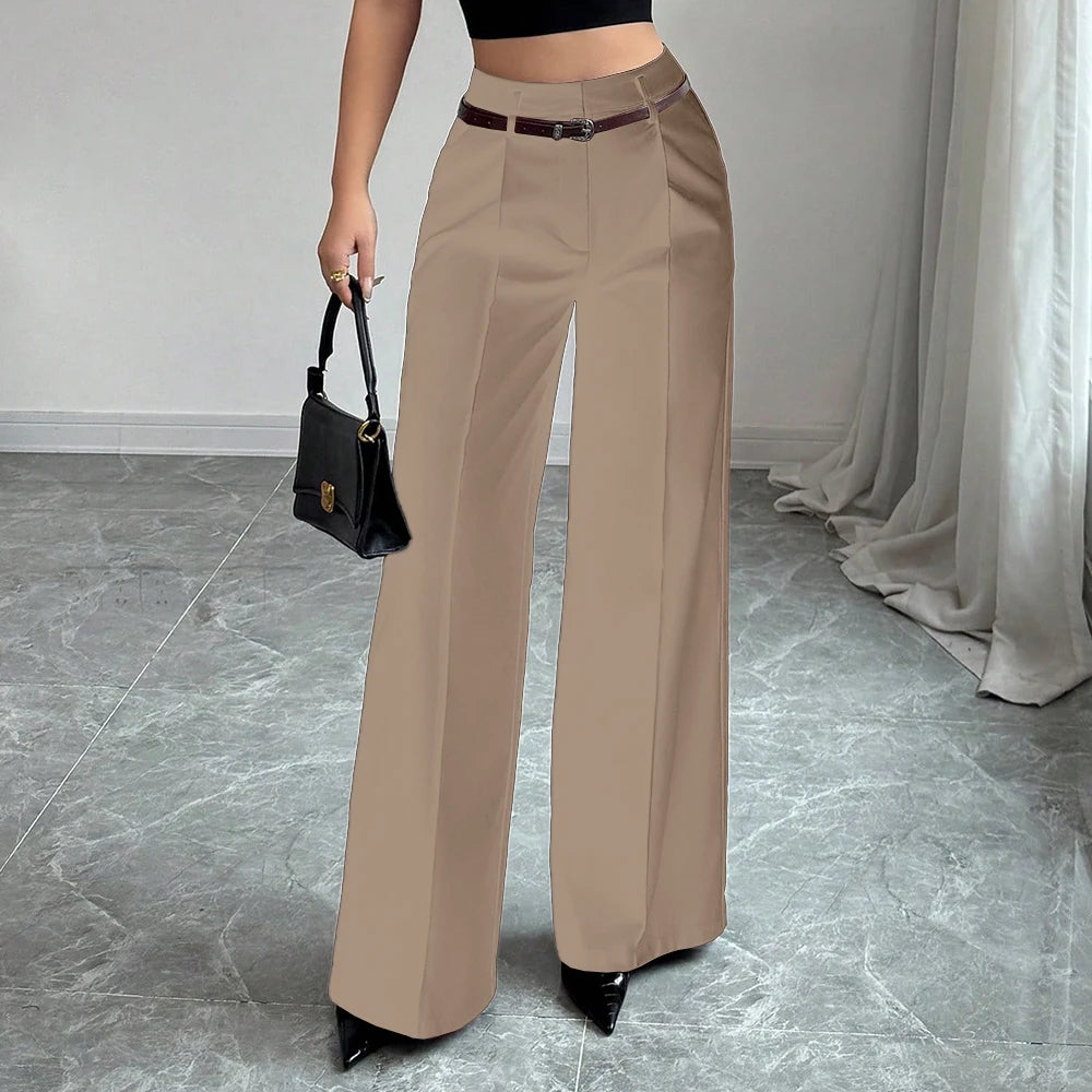 High-Waist Wide-Leg Tailored Trousers – Belted, Smart Casual Pants