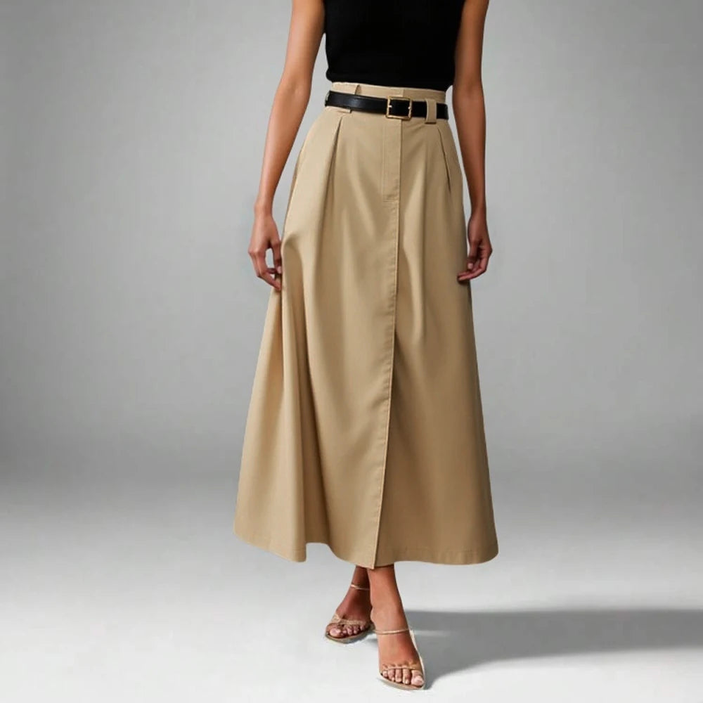 High-Waist Pleated Maxi Skirt – Beige A-Line with Belt, Smart Casual