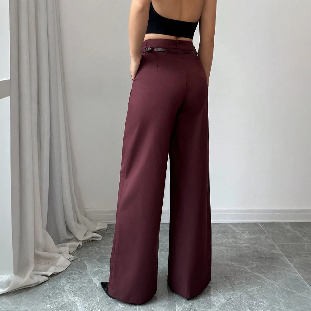 High-Waist Wide-Leg Tailored Trousers – Belted, Smart Casual Pants
