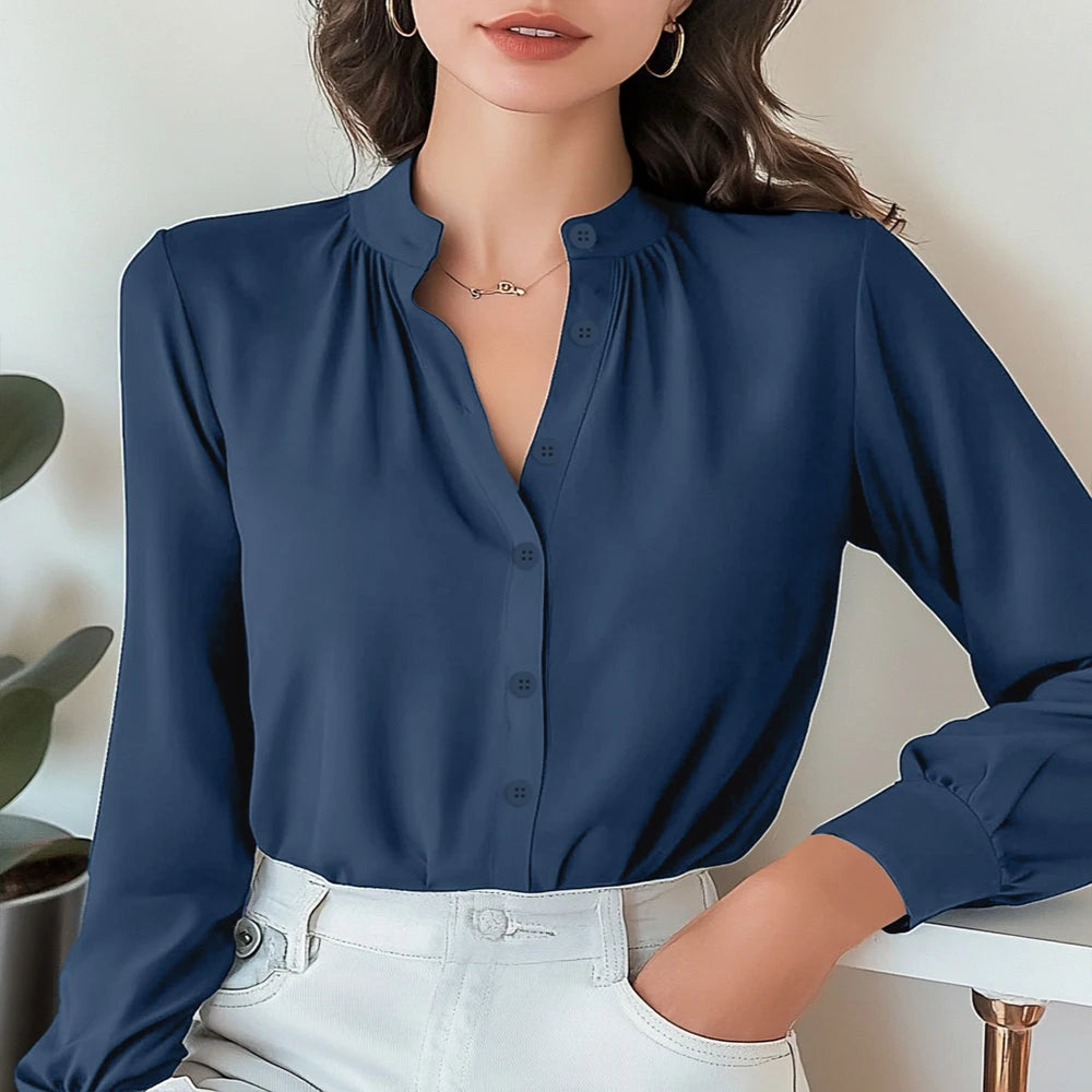 Long Sleeve Button-Front Blouse – Navy Blue, Band Collar Smart Casual Shirt