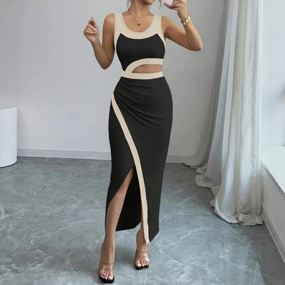 Cut-Out Bodycon Maxi Dress – Black & Beige, Sleeveless, Thigh-High Slit