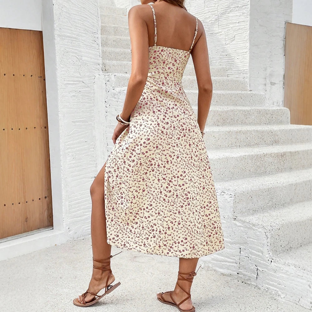 Floral Strappy Midi Dress – Fitted Bodice, Side Slit Summer Dress