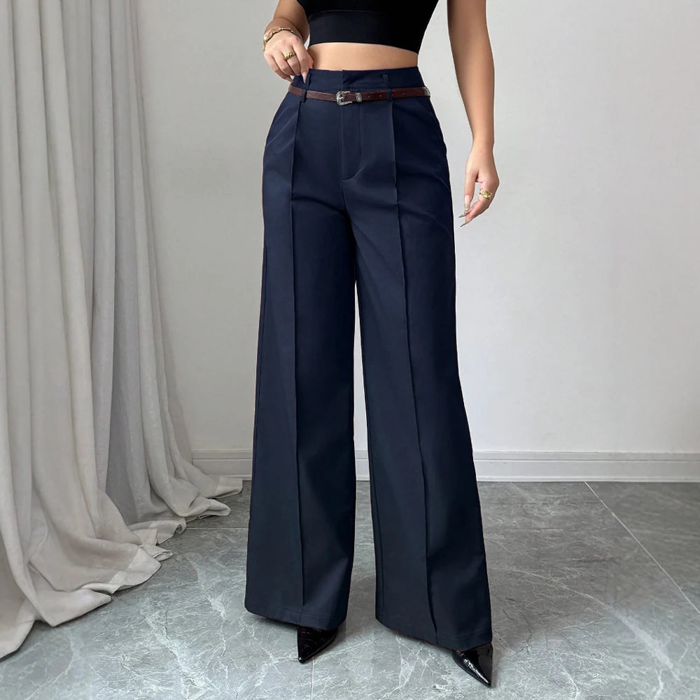High-Waist Wide-Leg Tailored Trousers – Belted, Smart Casual Pants