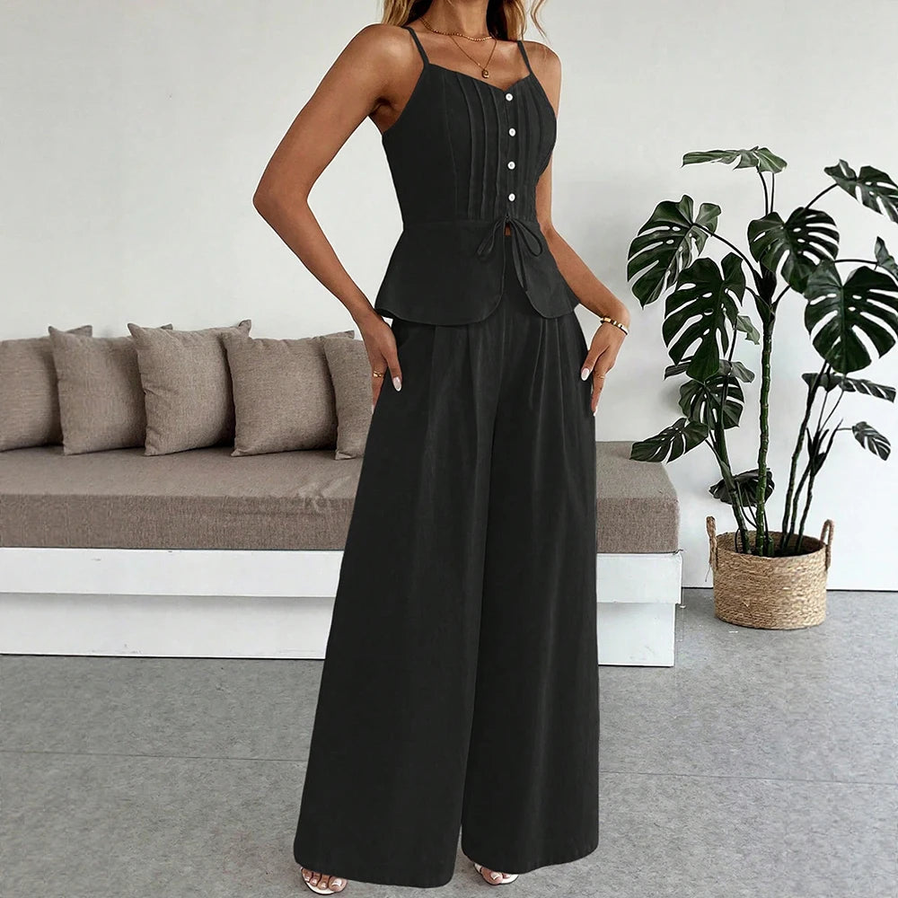 Spaghetti Strap Top & Wide-Leg Pant Two-Piece Set