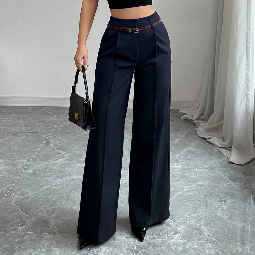 High-Waist Wide-Leg Tailored Trousers – Belted, Smart Casual Pants