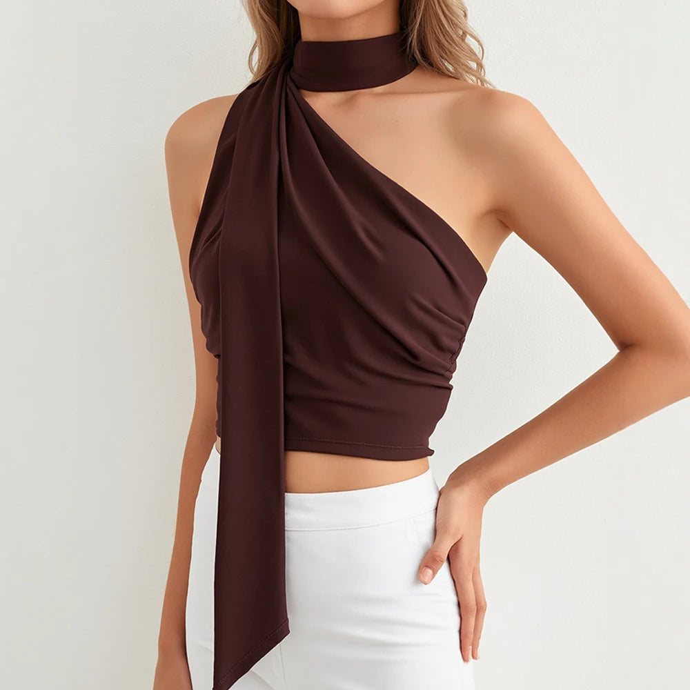 One-Shoulder Crop Top – Asymmetric Scarf Neck Detail, Sleeveless Brown