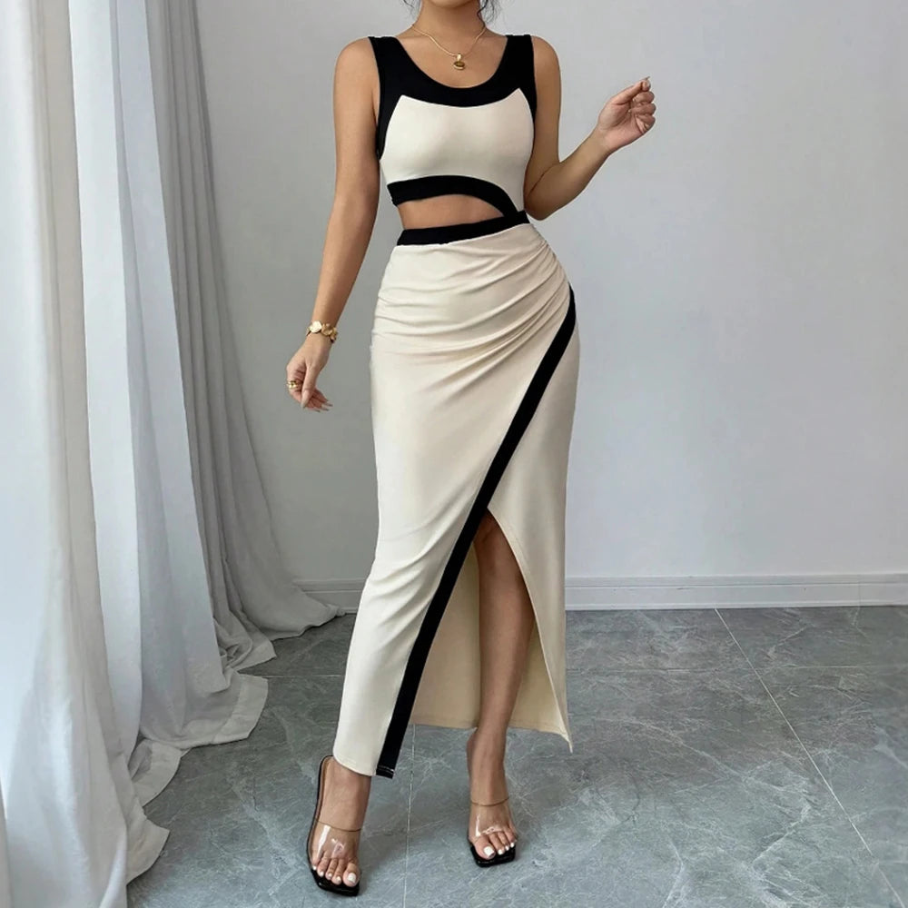 Cut-Out Bodycon Maxi Dress – Black & Beige, Sleeveless, Thigh-High Slit