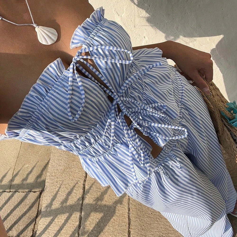 Striped Strapless Top & Wide-Leg Pant Set – Two-Piece Summer Outfit