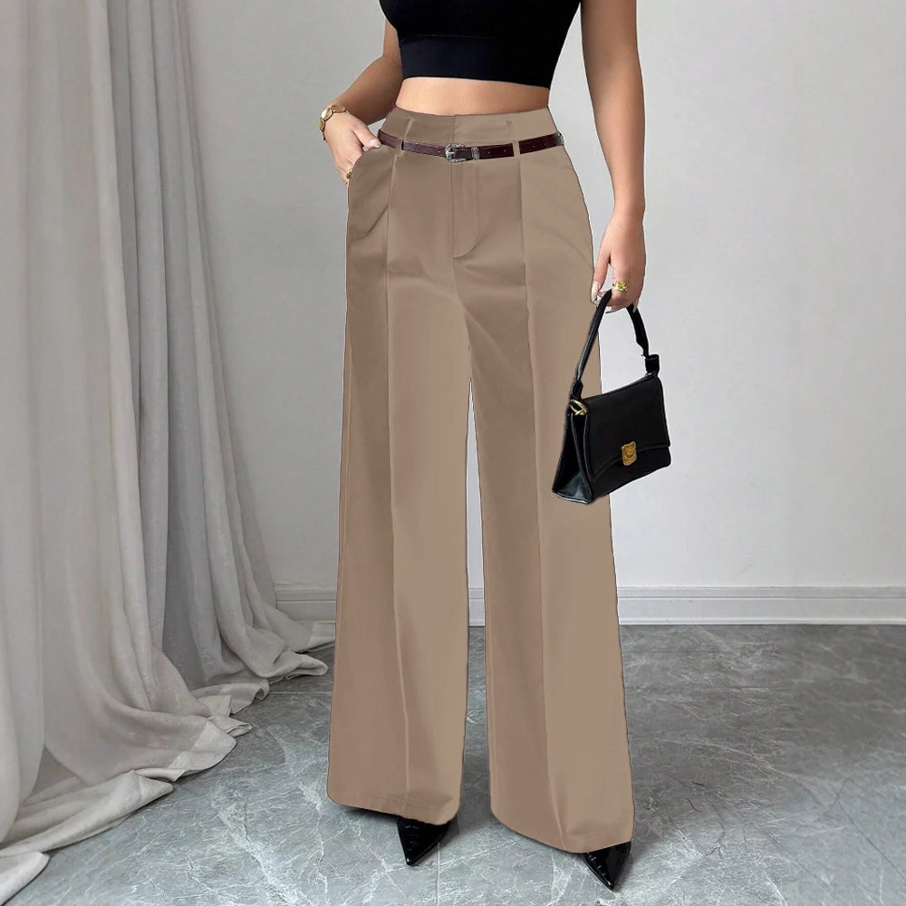 High-Waist Wide-Leg Tailored Trousers – Belted, Smart Casual Pants