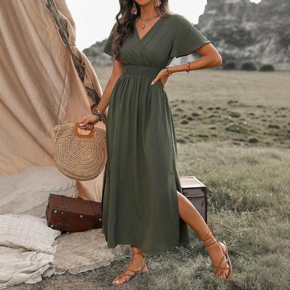 Boho V-Neck Maxi Dress – Short Sleeve, Flowy Fit, Casual Summer Style