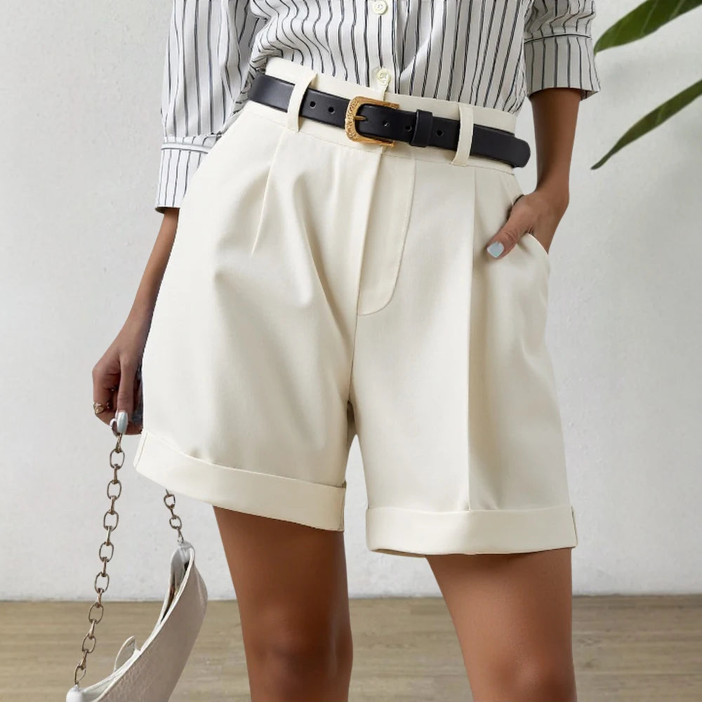 High-Waist Tailored Shorts – Cuffed Hem with Belt Loops