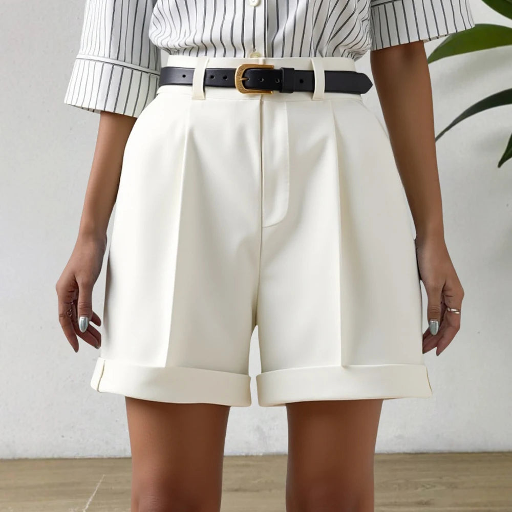 High-Waist Tailored Shorts – Cuffed Hem with Belt Loops