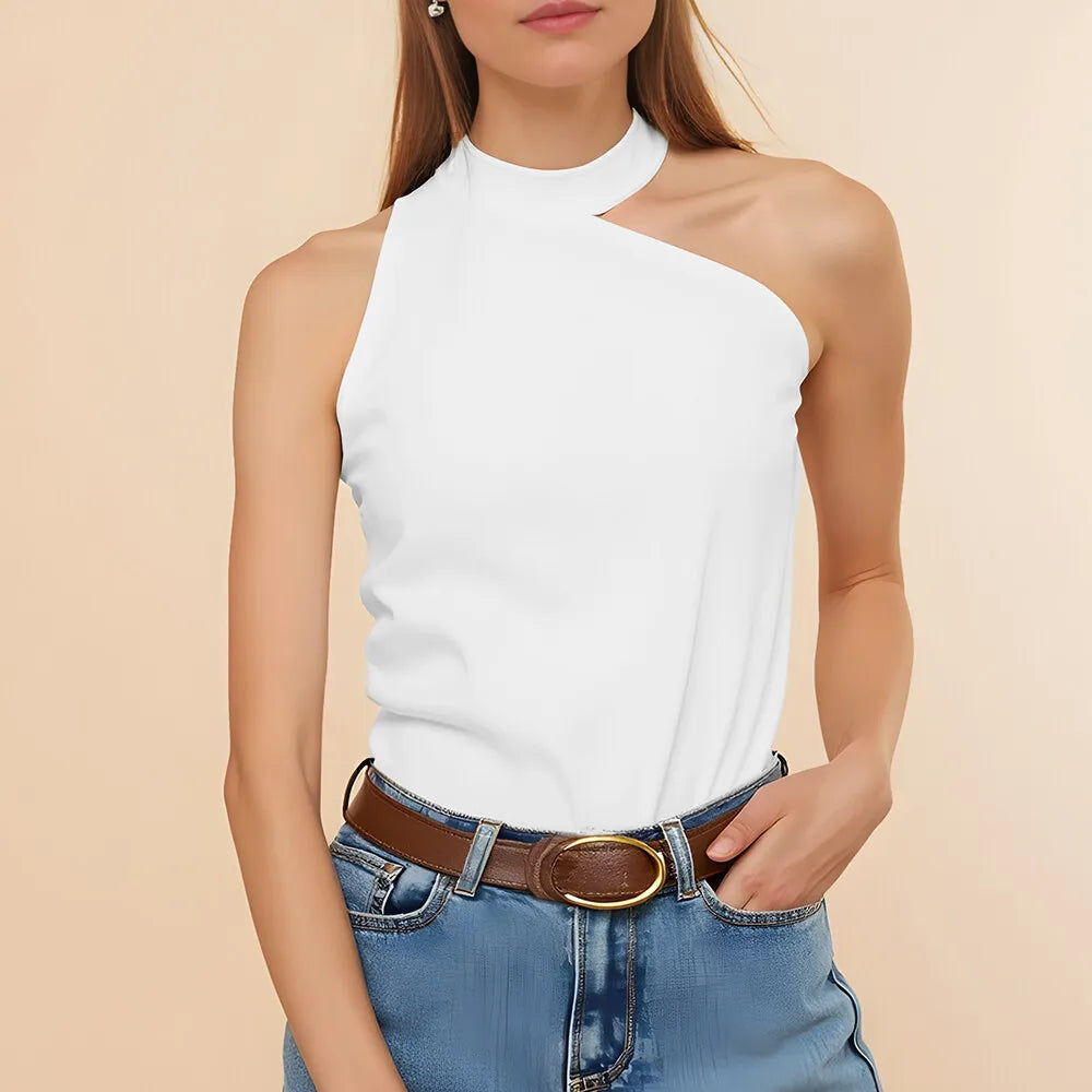 Asymmetric High Neck Sleeveless Top – White Minimal Chic Tank