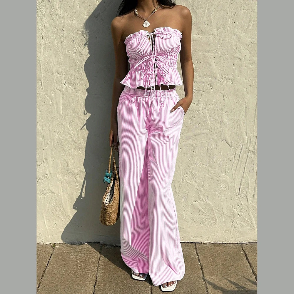 Striped Strapless Top & Wide-Leg Pant Set – Two-Piece Summer Outfit