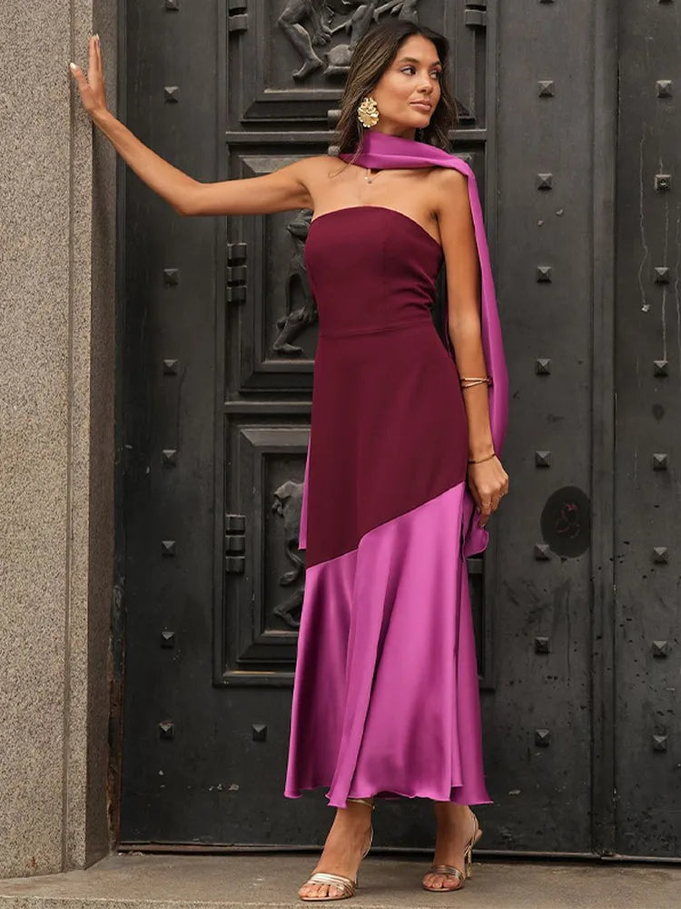 Strapless Flowy Maxi Dress – High Slit, Open Back, Elegant Evening Dress