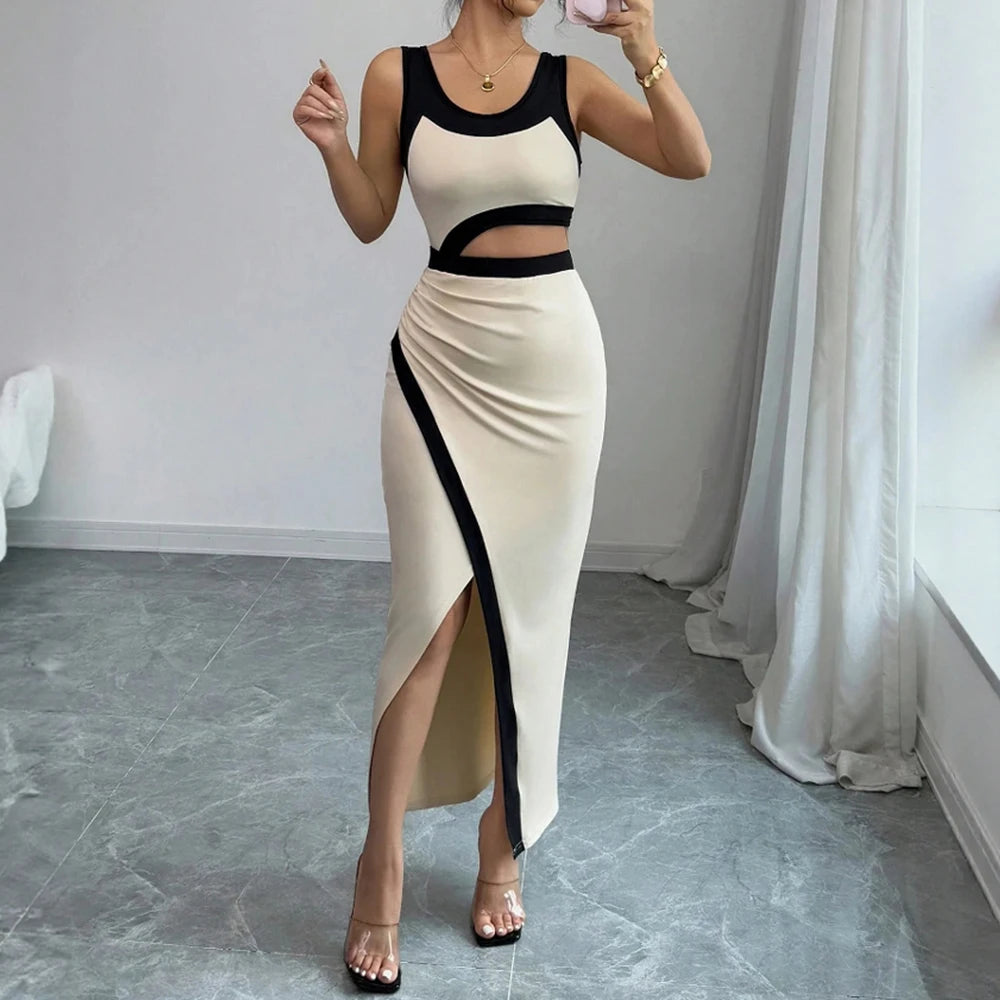 Cut-Out Bodycon Maxi Dress – Black & Beige, Sleeveless, Thigh-High Slit