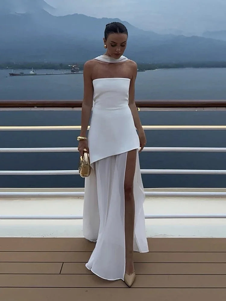 Strapless Flowy Maxi Dress – High Slit, Open Back, Elegant Evening Dress
