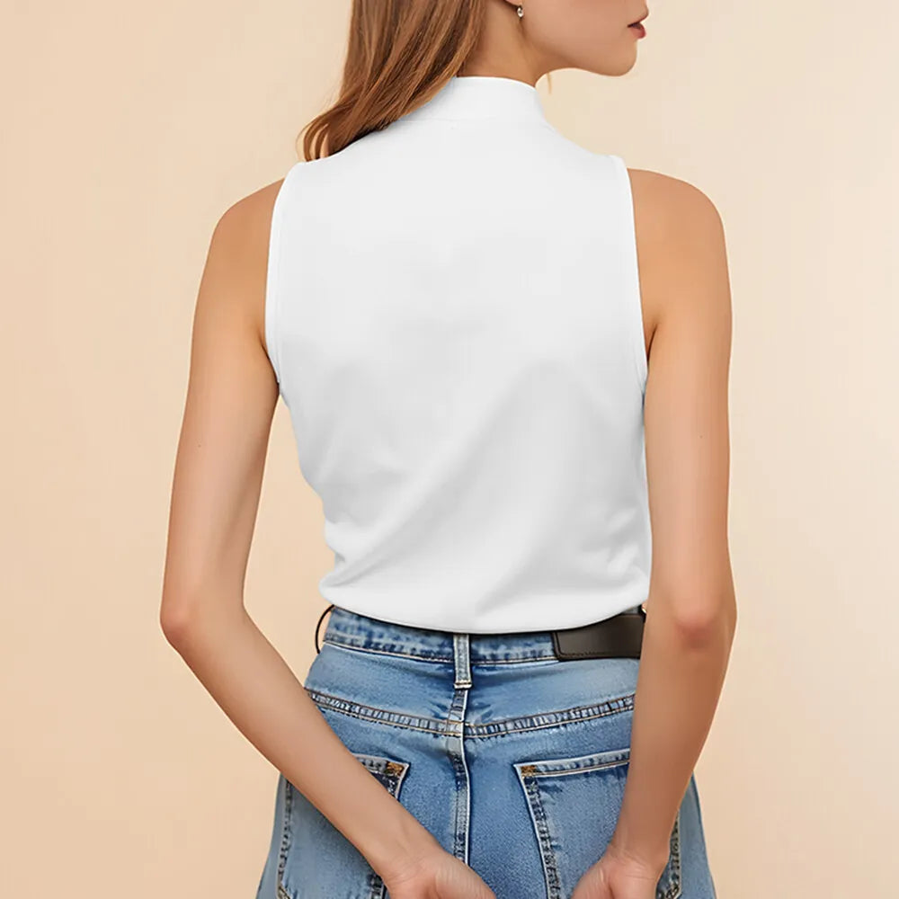 Asymmetric High Neck Sleeveless Top – White Minimal Chic Tank