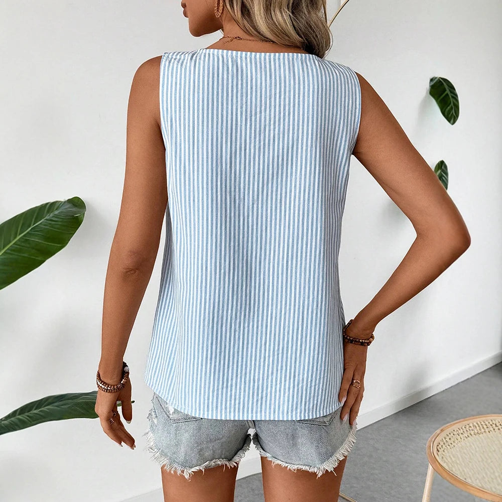 Striped Sleeveless Tank Top – Button Detail Casual Summer Blouse