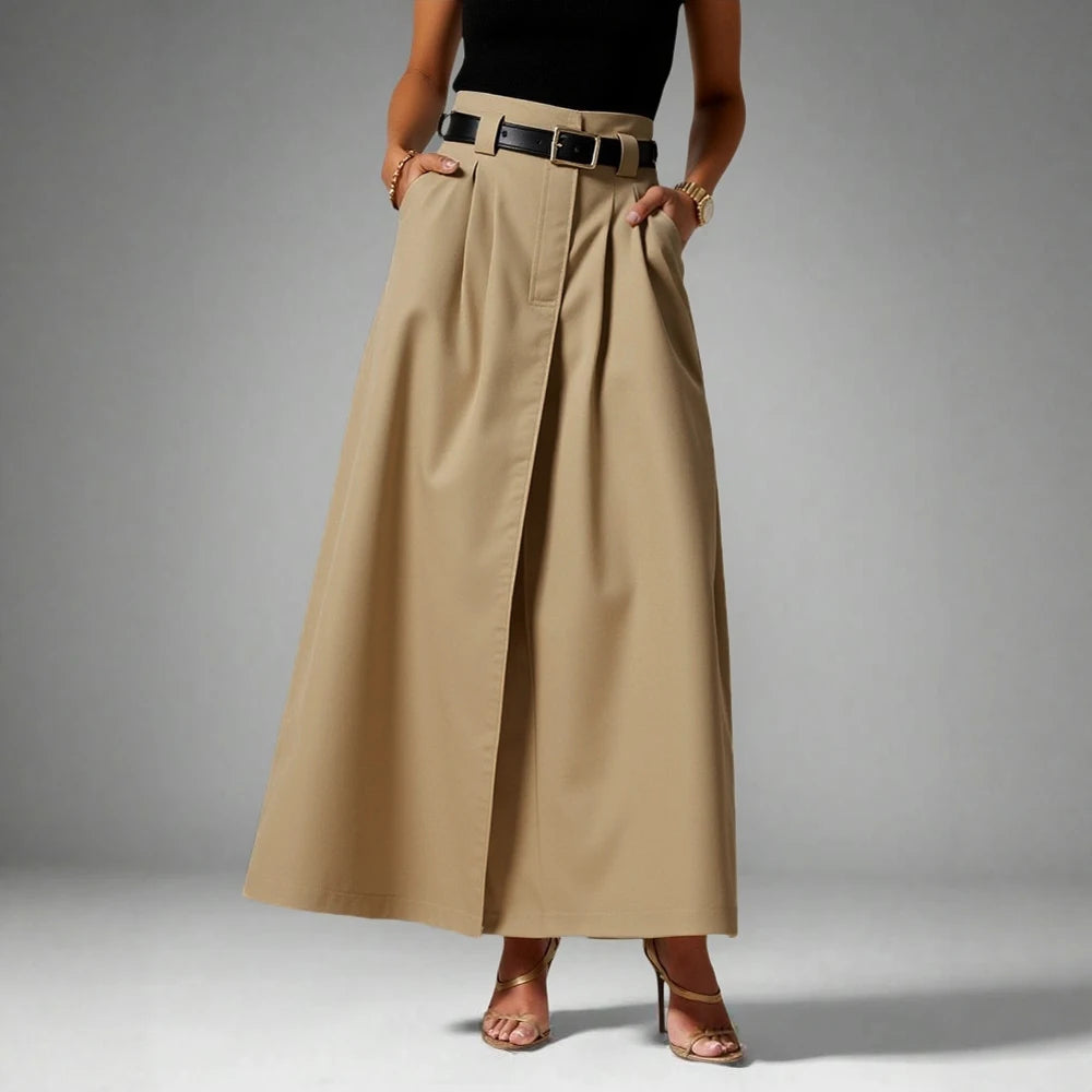 High-Waist Pleated Maxi Skirt – Beige A-Line with Belt, Smart Casual
