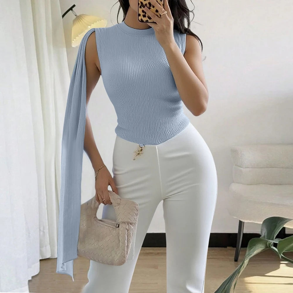 Asymmetric Tie Shoulder Ribbed Top – Light Blue, Sleeveless Fitted Knit