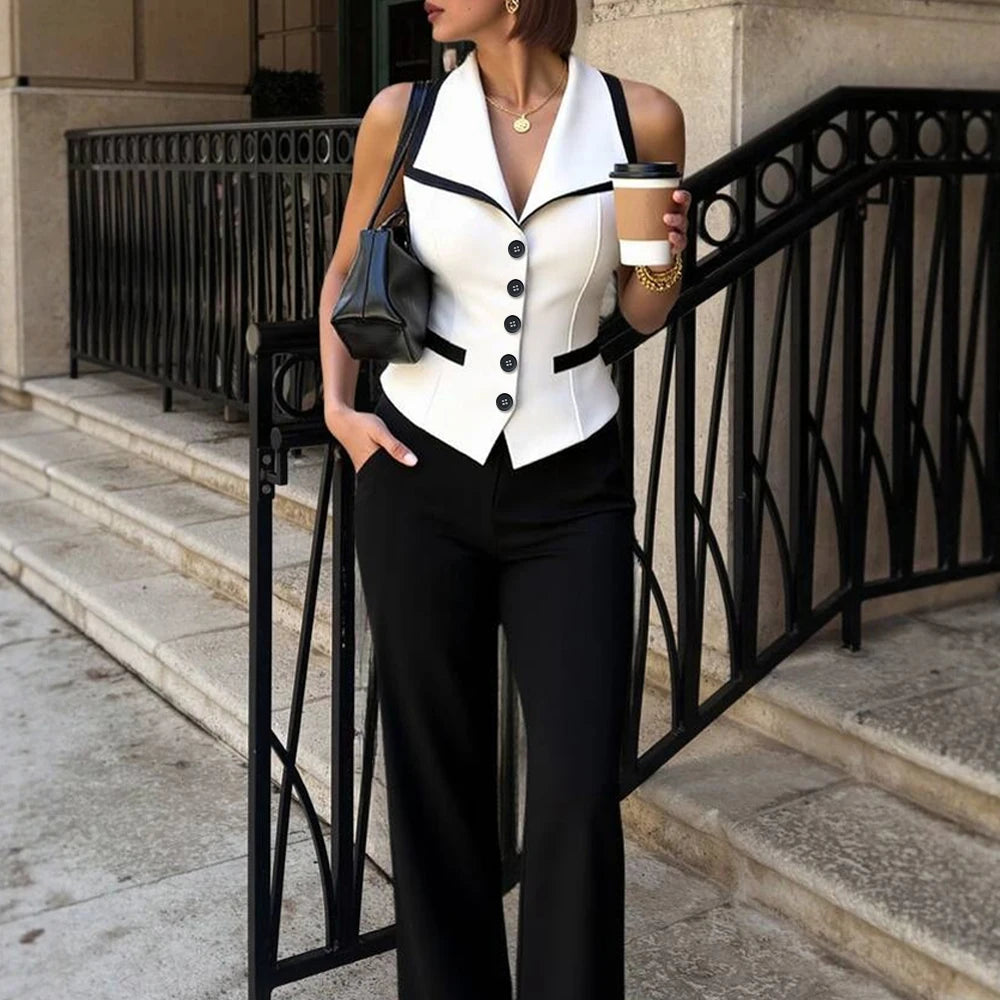 Sleeveless Tailored Vest – White with Black Trim, Button Front Waistcoat