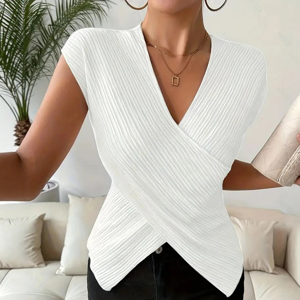 Ribbed V-Neck Wrap Blouse – Sleeveless Knit Top
