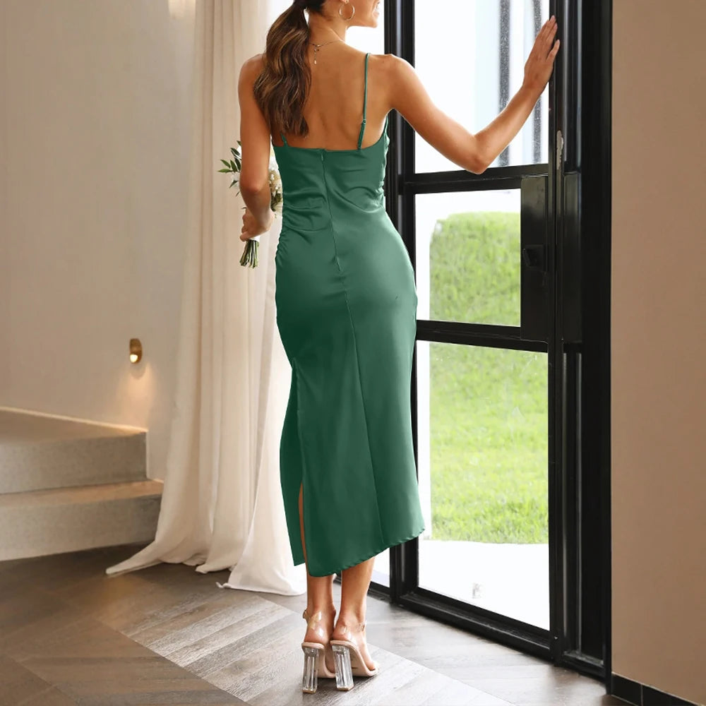 Satin Ruched Midi Dress – Spaghetti Strap, Side Slit, Green Cocktail Dress