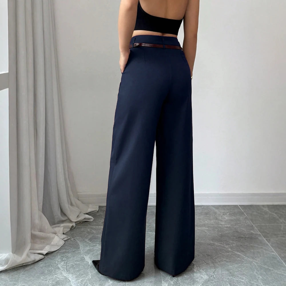 High-Waist Wide-Leg Tailored Trousers – Belted, Smart Casual Pants