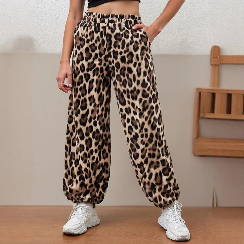 Leopard Print High-Waist Jogger Pants – Casual Relaxed Fit, Elastic Cuff