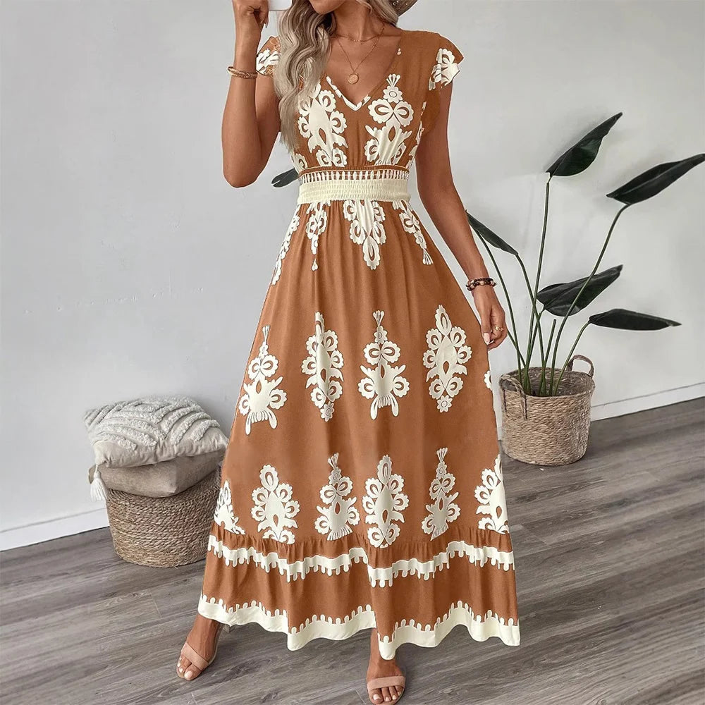 Boho V-Neck Maxi Dress – Short Sleeve, Printed Summer Dress