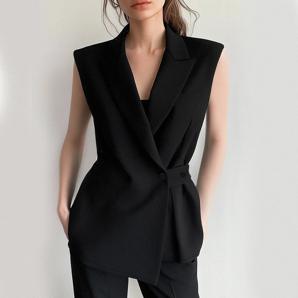 Sleeveless Blazer Vest – Black Tailored Lapel Waistcoat, Smart Casual