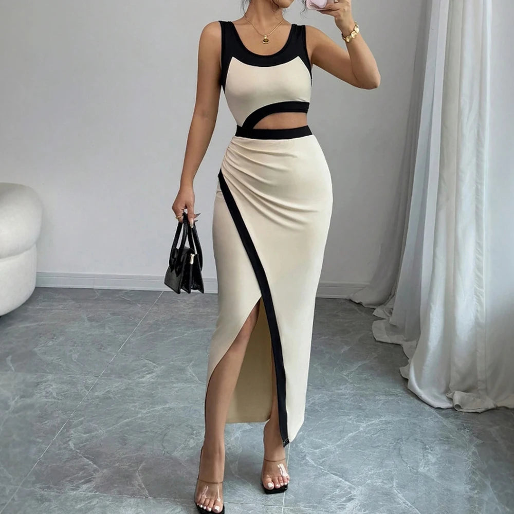 Cut-Out Bodycon Maxi Dress – Black & Beige, Sleeveless, Thigh-High Slit