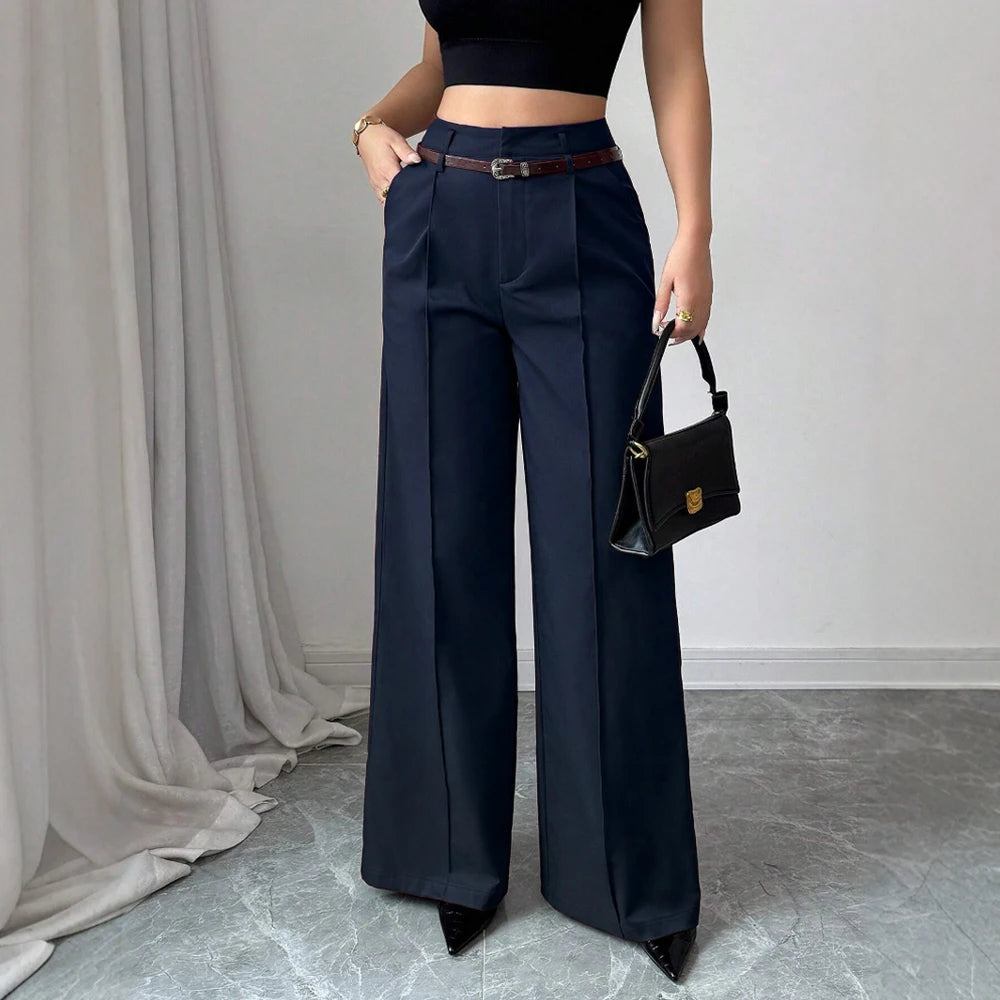 High-Waist Wide-Leg Tailored Trousers – Belted, Smart Casual Pants
