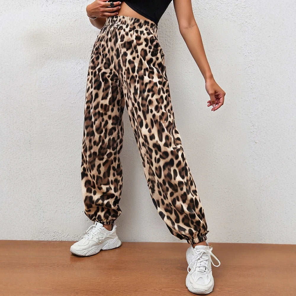 Leopard Print High-Waist Jogger Pants – Casual Relaxed Fit, Elastic Cuff