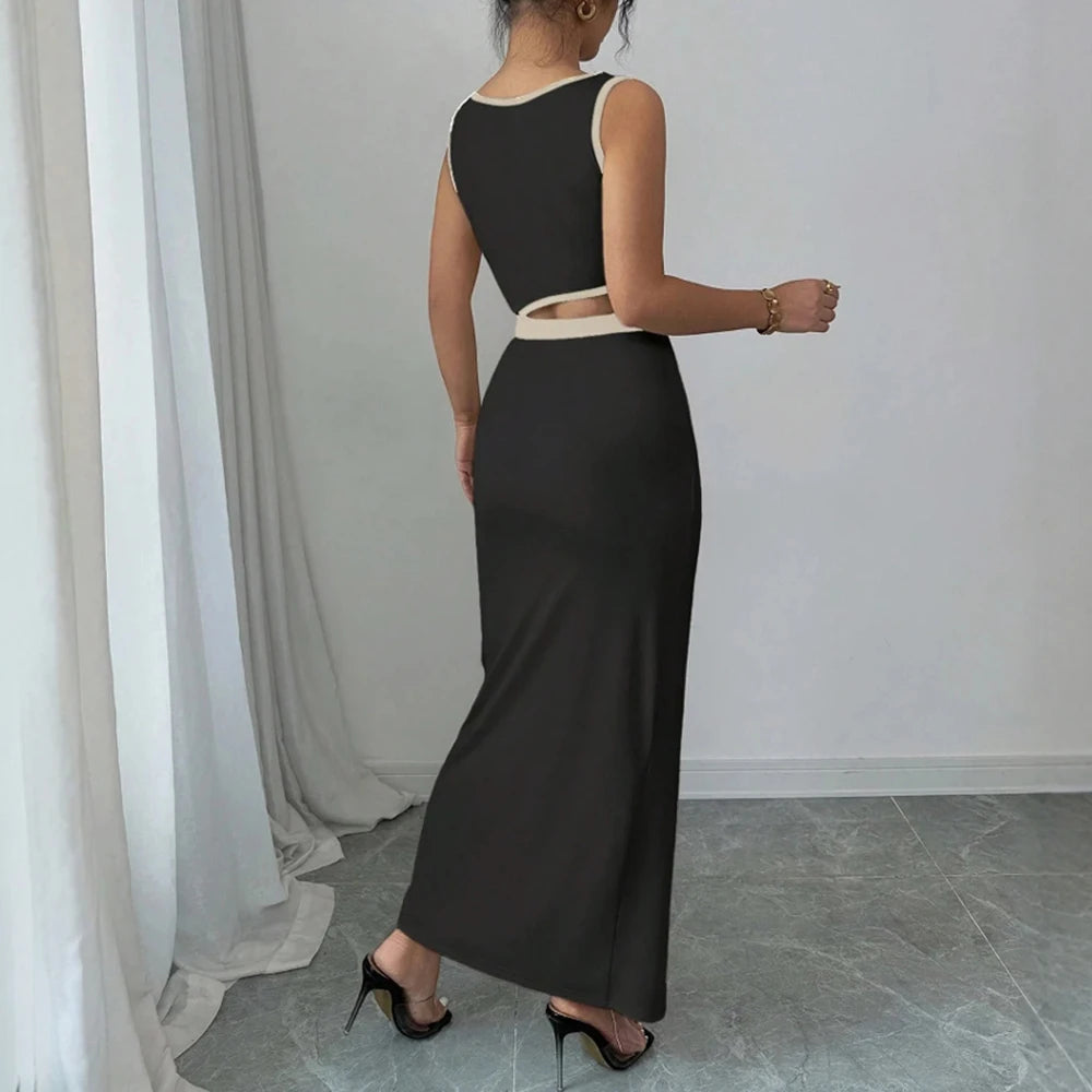 Cut-Out Bodycon Maxi Dress – Black & Beige, Sleeveless, Thigh-High Slit
