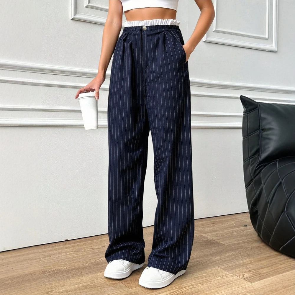Pinstripe Wide-Leg Pants – Navy, Elastic Waist Drawstring Trousers