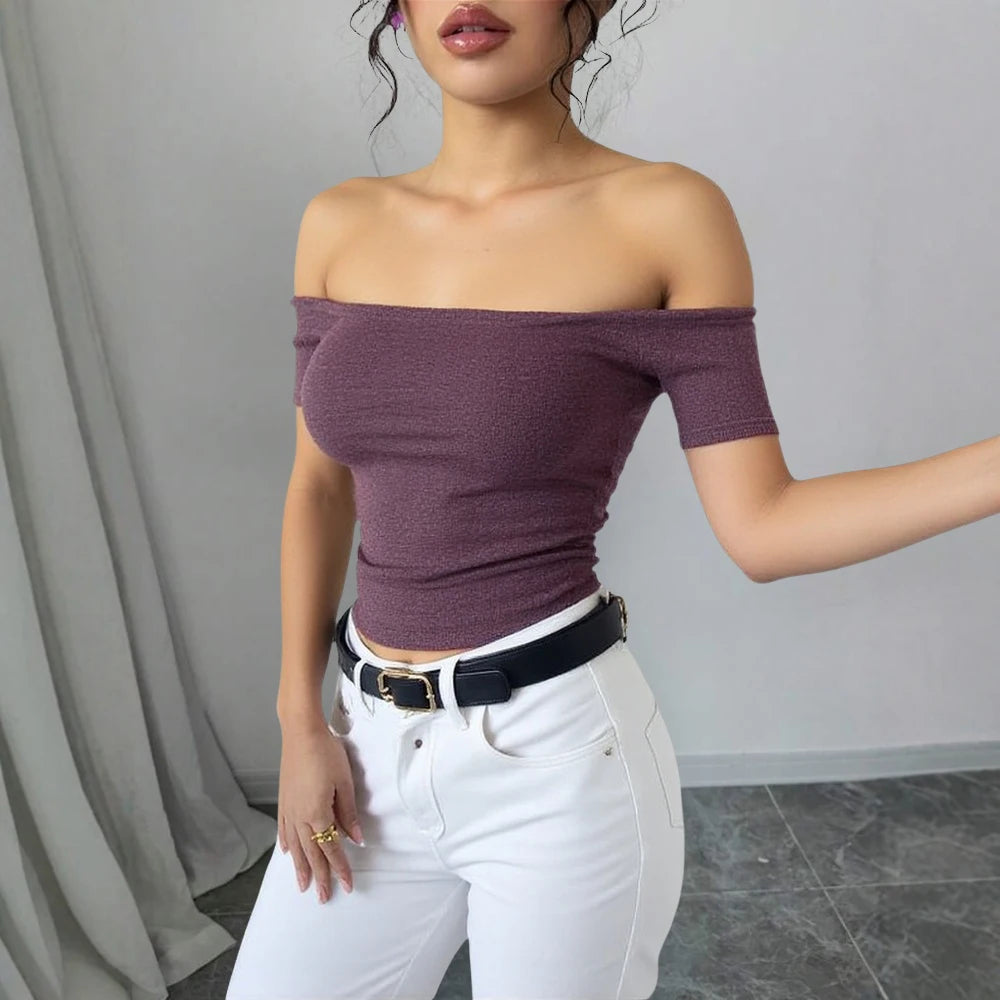 Off-Shoulder Ribbed Crop Top – Mauve, Short Sleeve Fitted Knit