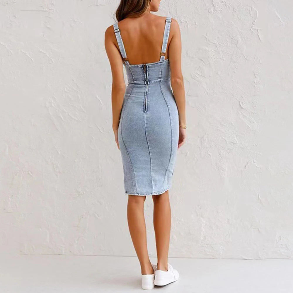 Denim Bodycon Midi Dress – Spaghetti Strap, Side Slit Casual Chic