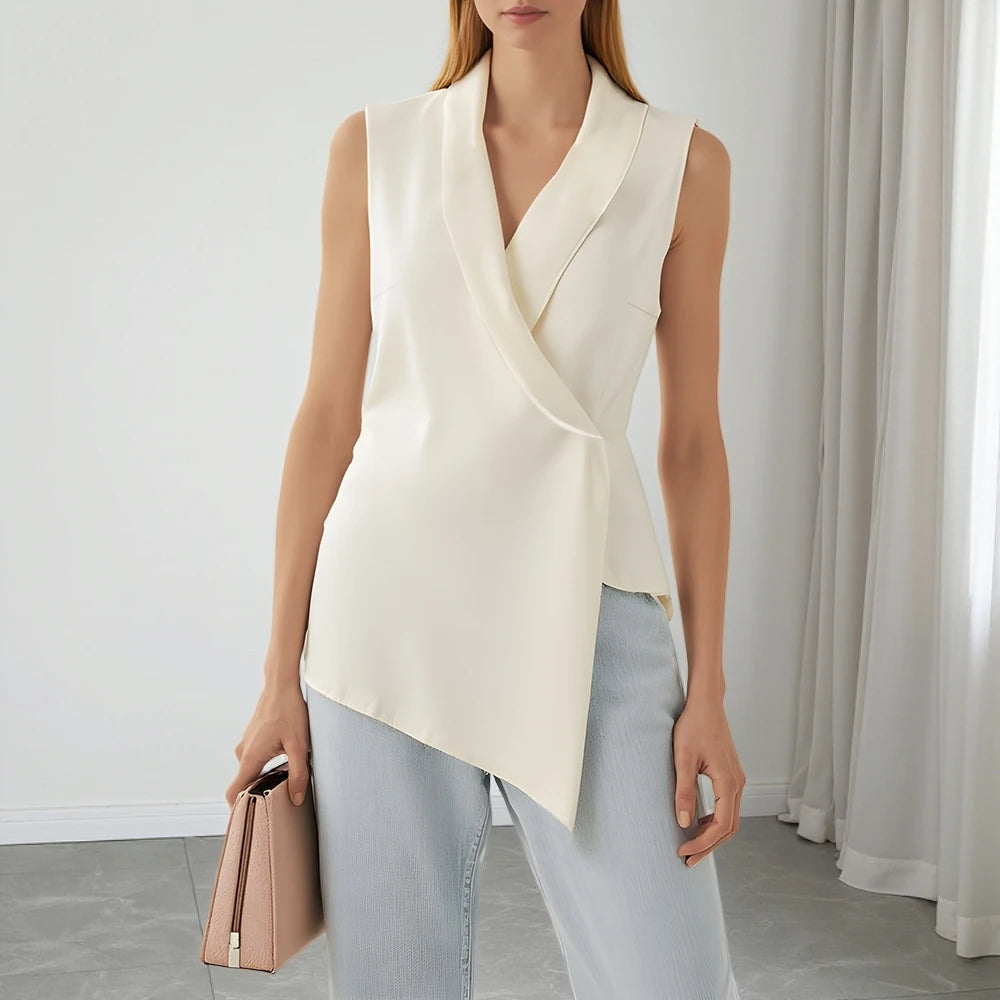 Ivory Sleeveless Shawl Collar Blouse