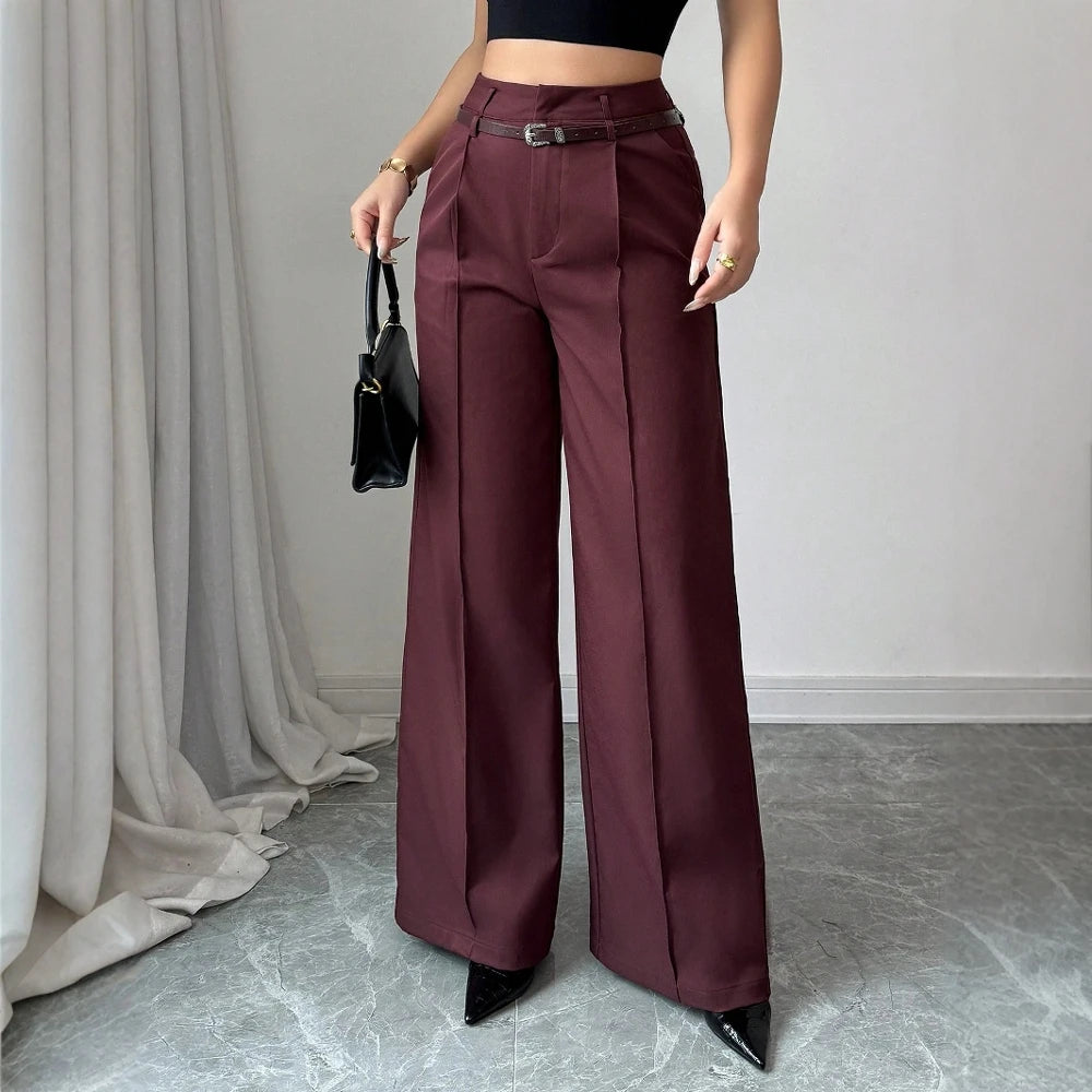 High-Waist Wide-Leg Tailored Trousers – Belted, Smart Casual Pants