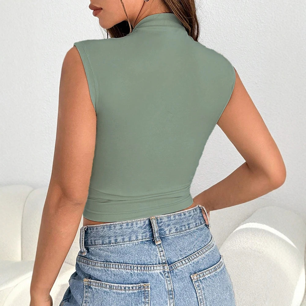 Sleeveless Mock Neck Fitted Crop Top