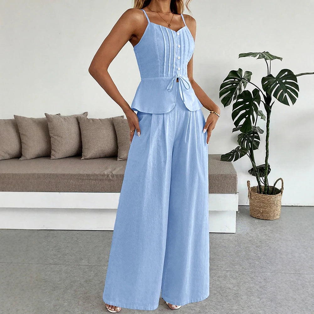 Spaghetti Strap Top & Wide-Leg Pant Two-Piece Set