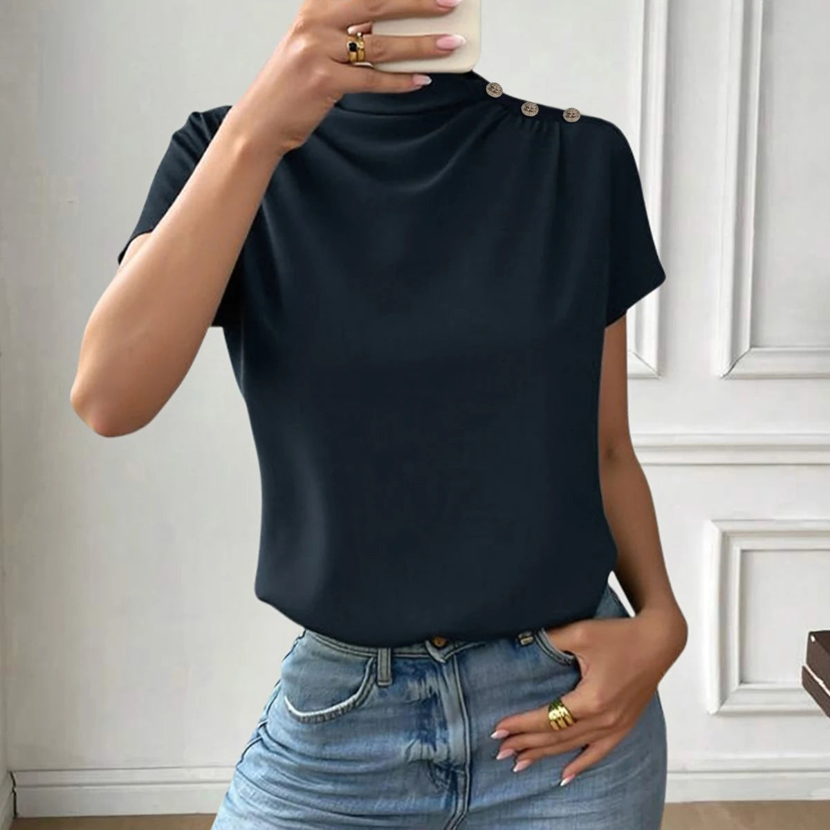 Mock Neck Button Shoulder Top – Navy Blue, Short Sleeve Casual Blouse
