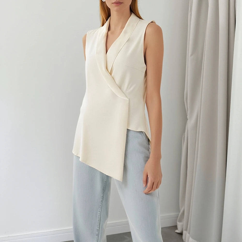 Ivory Sleeveless Shawl Collar Blouse