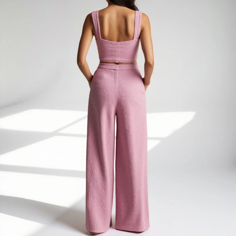 Pink Wide-Leg Pants & Crop Top Two-Piece Set
