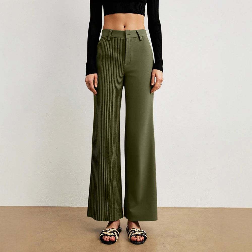 High-Waist Pleated Wide-Leg Trousers – Olive Green, Smart Casual