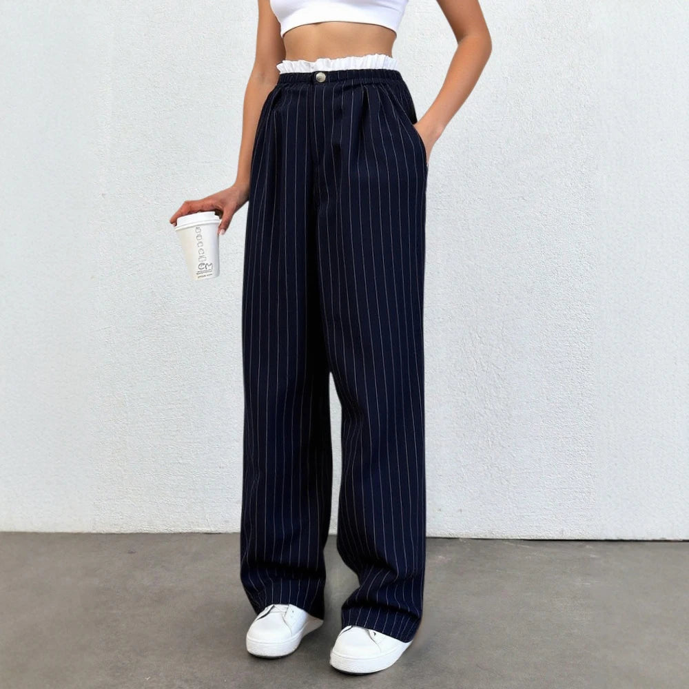 Pinstripe Wide-Leg Pants – Navy, Elastic Waist Drawstring Trousers