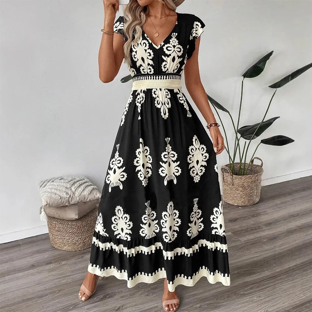 Boho V-Neck Maxi Dress – Short Sleeve, Printed Summer Dress