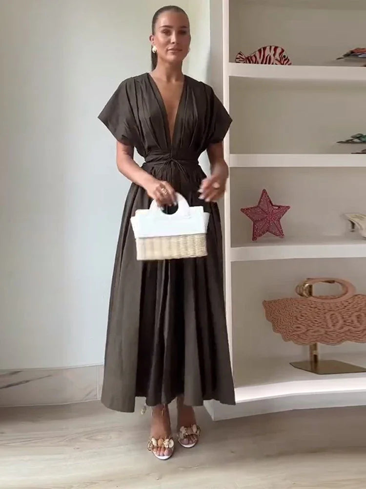 Deep V-Neck Short Sleeve Belted Midi Dress